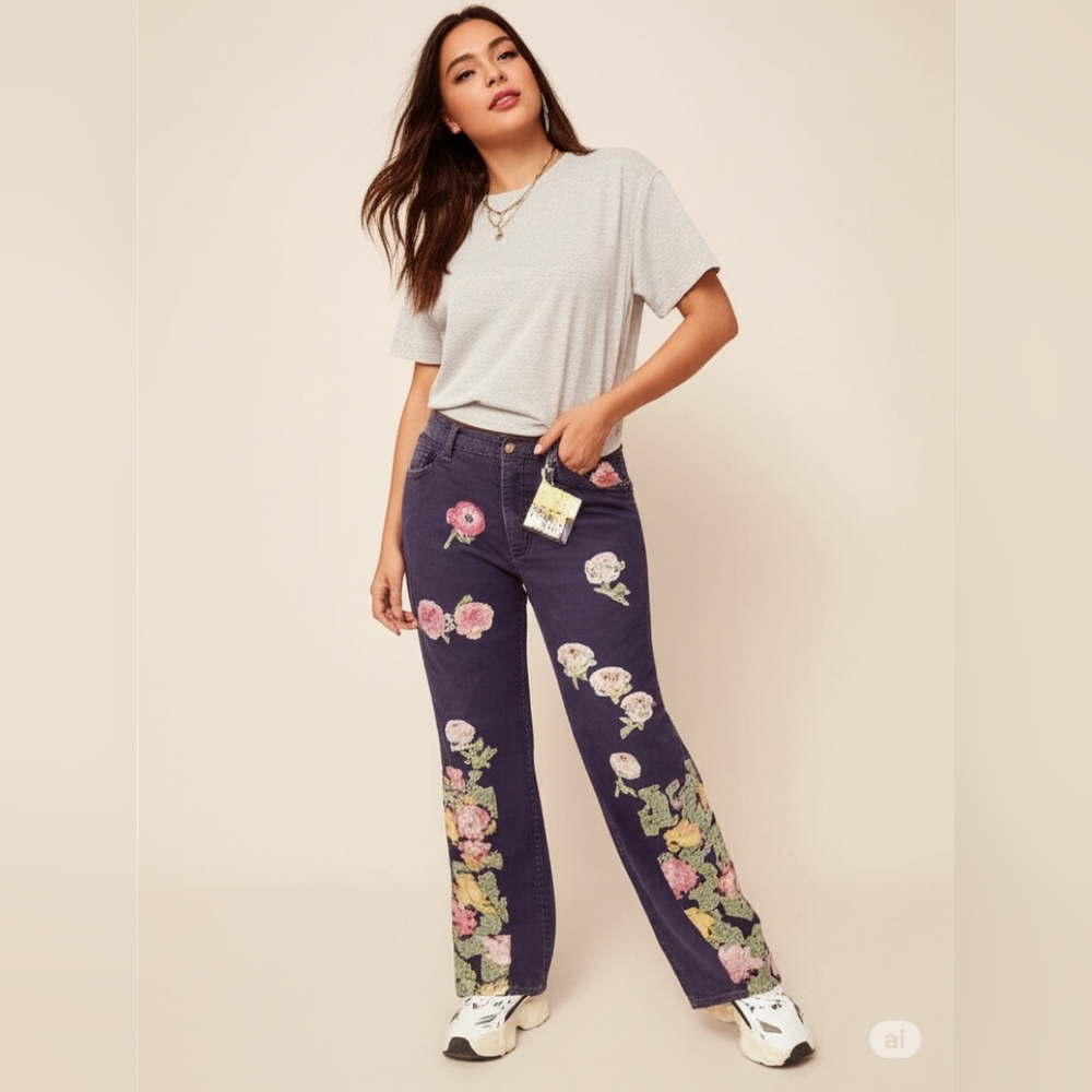 Upcycled Hand crafted  floral embellished blue jeans